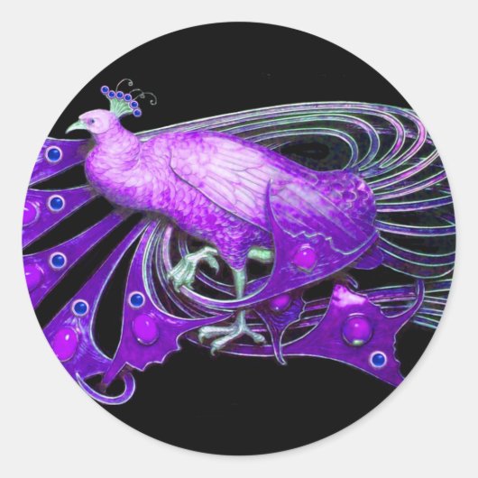 ELEGANT PEACOCK IN PAARSE VIOLET, ZWART RONDE STICKER (Voorkant)