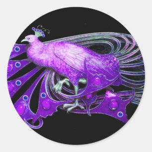 ELEGANT PEACOCK IN PAARSE VIOLET, ZWART RONDE STICKER