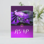 ELEGANT PEACOCK IN PAARSE, ZWARTE WEDDING RSVP (Staand voorkant)