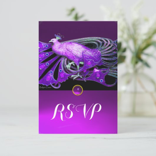ELEGANT PEACOCK IN PAARSE, ZWARTE WEDDING RSVP (Staand voorkant)
