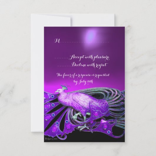 ELEGANT PEACOCK IN PAARSE, ZWARTE WEDDING RSVP (Achterkant)