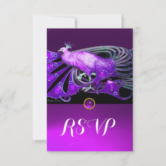ELEGANT PEACOCK IN PAARSE, ZWARTE WEDDING RSVP KAARTJE (Voorkant)