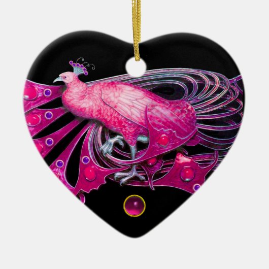 ELEGANT PEACOCK IN PINK FUCHSIA AMETHYST HEART KERAMISCH ORNAMENT (Voorkant)