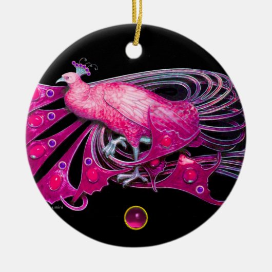 ELEGANT PEACOCK IN PINK, FUCHSIA AMETHYST KERAMISCH ORNAMENT (Voorkant)