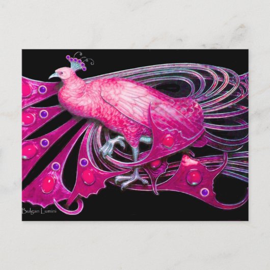 ELEGANT PEACOCK IN PINK FUCHSIA BLACK BRIEFKAART (Voorkant)