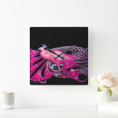 ELEGANT PEACOCK IN PINK FUCHSIA EN BLACK VIERKANTE KLOK (Huis)