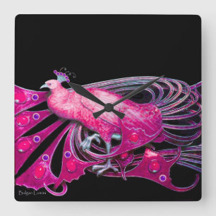ELEGANT PEACOCK IN PINK FUCHSIA EN BLACK VIERKANTE KLOK