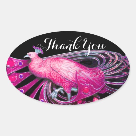 ELEGANT PEACOCK IN PINK, FUCHSIA, ZWART Dank u Ovale Sticker (Voorkant)