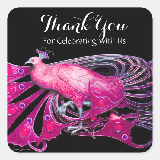 ELEGANT PEACOCK IN PINK, FUCHSIA, ZWART Dank u Vierkante Sticker (Voorkant)
