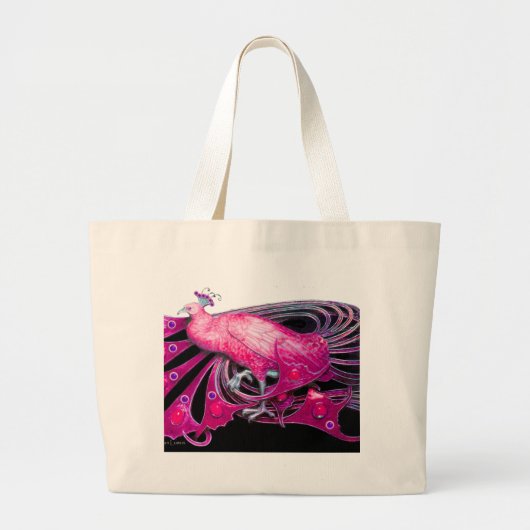ELEGANT PEACOCK IN PINK, FUCHSIA, ZWART GROTE TOTE BAG (Voorkant)