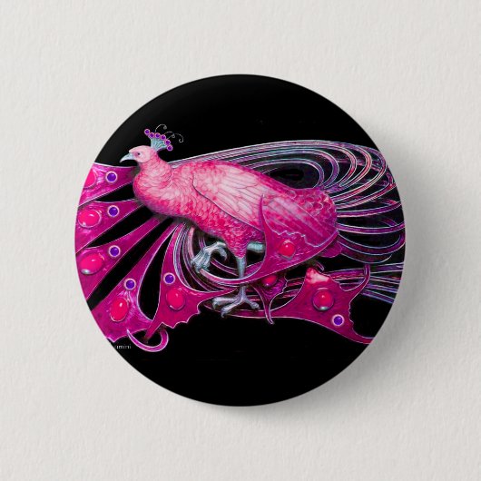 ELEGANT PEACOCK IN PINK, FUCHSIA, ZWART RONDE BUTTON 5,7 CM (Voorkant)
