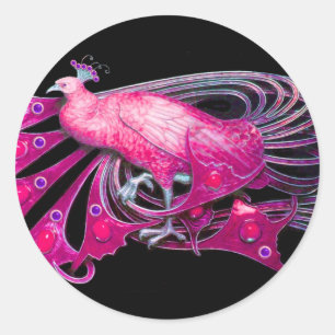 ELEGANT PEACOCK IN PINK, FUCHSIA, ZWART RONDE STICKER