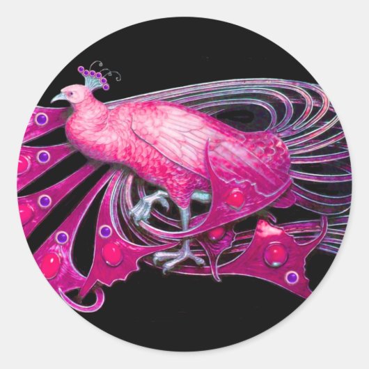 ELEGANT PEACOCK IN PINK, FUCHSIA, ZWART RONDE STICKER (Voorkant)