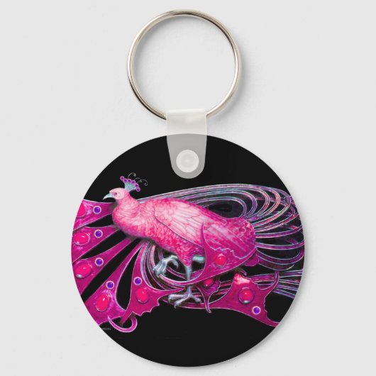 ELEGANT PEACOCK IN PINK, FUCHSIA, ZWART SLEUTELHANGER (Voorkant)
