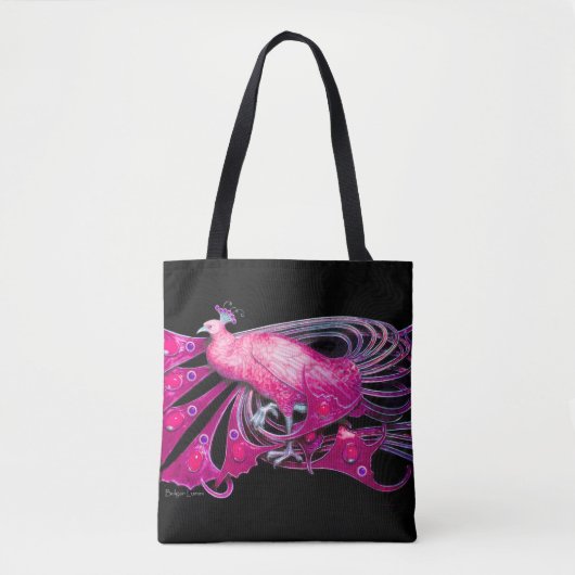 ELEGANT PEACOCK IN PINK, FUCHSIA, ZWART TOTE BAG (Voorkant)