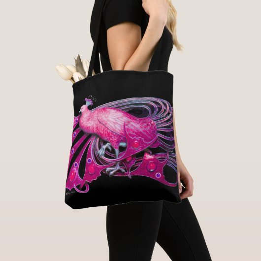 ELEGANT PEACOCK IN PINK, FUCHSIA, ZWART TOTE BAG (Dichtbij)
