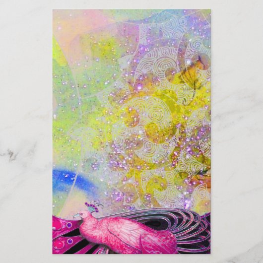 ELEGANT PEACOCK IN PINK, GEEL PAARS BRIEFPAPIER (Voorkant)