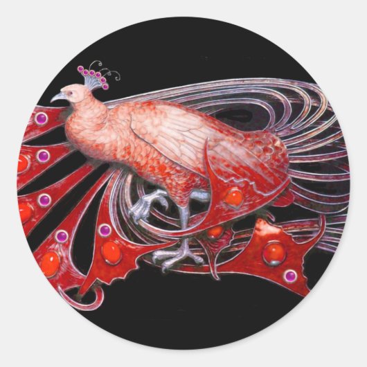 ELEGANT PEACOCK IN RED, BLACK RONDE STICKER (Voorkant)