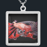 ELEGANT PEACOCK IN RODE EN ZWART ZILVER VERGULDEN KETTING<br><div class="desc">Kleurrijk en stijlvol design met heldere 3D-edelstenen Digitaal grafisch ontwerp door Bulgan Lumini. Deel van het nieuwe collectie ARCADIA .</div>