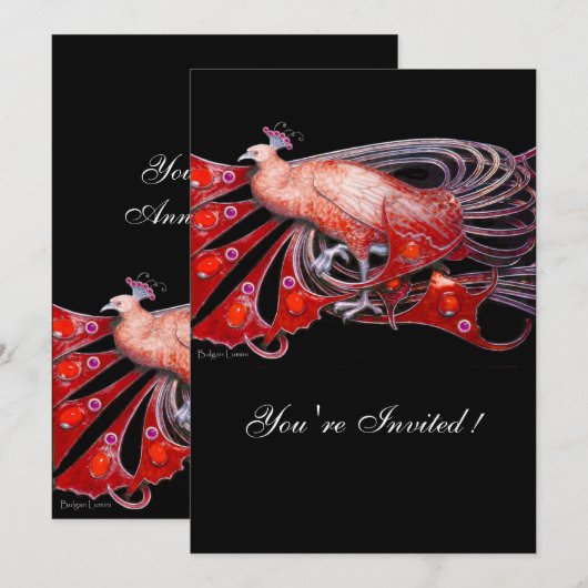ELEGANT PEACOCK IN RODE EN ZWARTE WEDDING PARTIJ KAART (Voorkant / Achterkant)