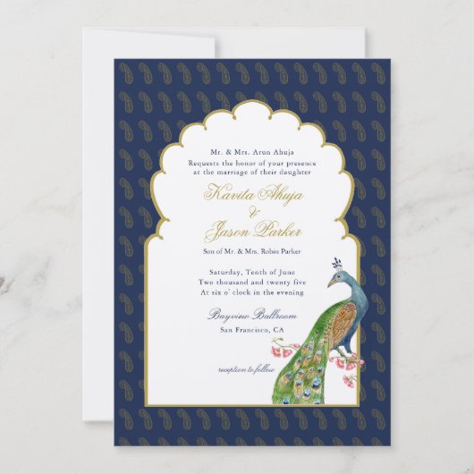 Elegant Peacock Indian bruiloft Navy blue Kaart (Voorkant)