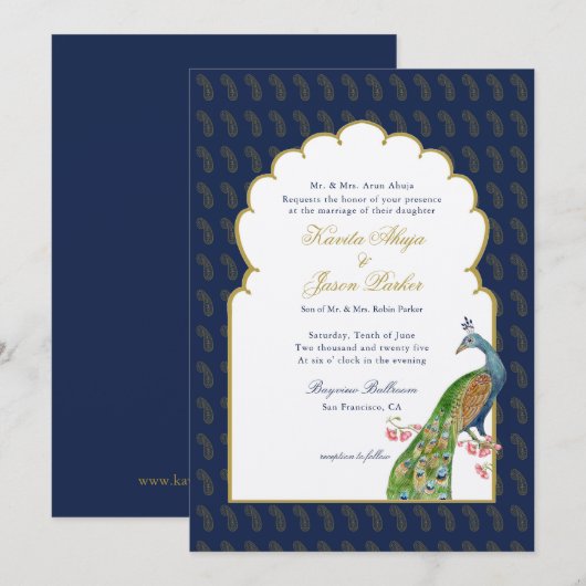 Elegant Peacock Indian bruiloft Navy blue Kaart (Voorkant / Achterkant)