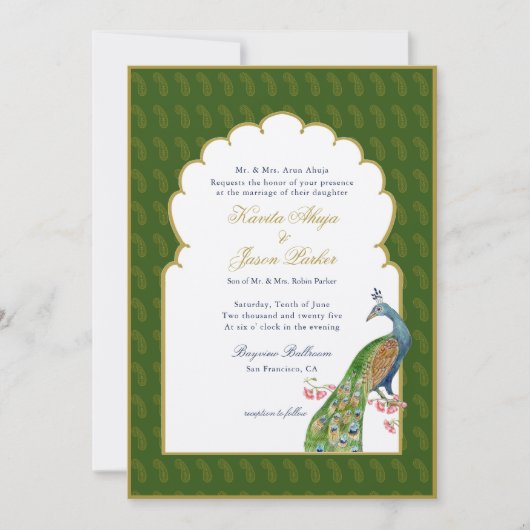 Elegant Peacock Indische bruiloft Donkergroen Kaart (Voorkant)