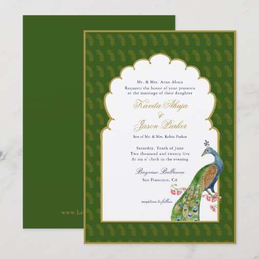 Elegant Peacock Indische bruiloft Donkergroen Kaart (Voorkant / Achterkant)