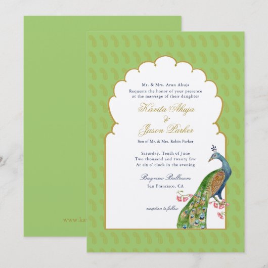 Elegant Peacock Indische bruiloft Mint Green Kaart (Voorkant / Achterkant)