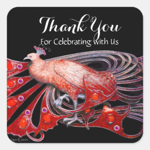 ELEGANT PEACOCK JEWEL IN RED BLACK VIERKANTE STICKER