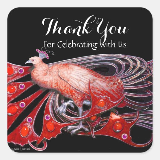 ELEGANT PEACOCK JEWEL IN RED BLACK VIERKANTE STICKER (Voorkant)