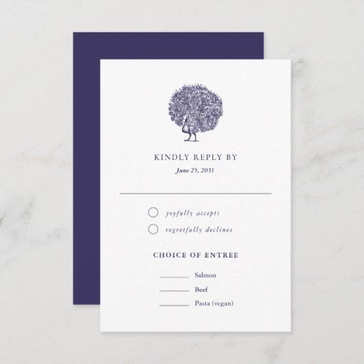 Elegant Peacock Meal Choice Wedding RSVP (Voorkant / Achterkant)