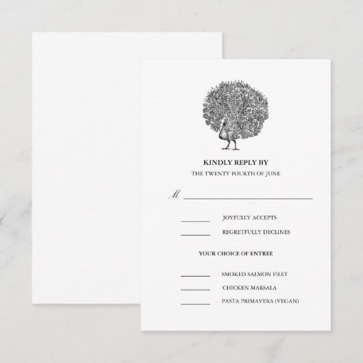 Elegant  Peacock Meal Choice Wedding RSVP Kaartje (Voorkant / Achterkant)