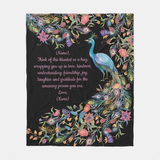 Elegant Peacock met Bloemen als Lusje en Bericht Fleece Deken (Voorkant)