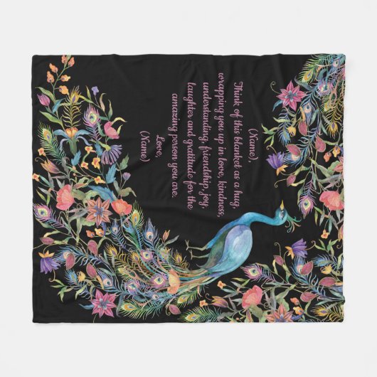 Elegant Peacock met Bloemen als Lusje en Bericht Fleece Deken (Voorkant (Horizontaal))