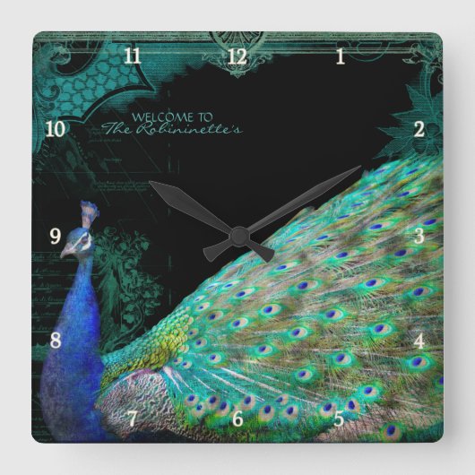 Elegant Peacock met  scrollen gepersonaliseerd Vierkante Klok (Voorkant)
