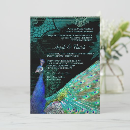Elegant Peacock met  scrollers Indische bruiloft Kaart (Staand voorkant)