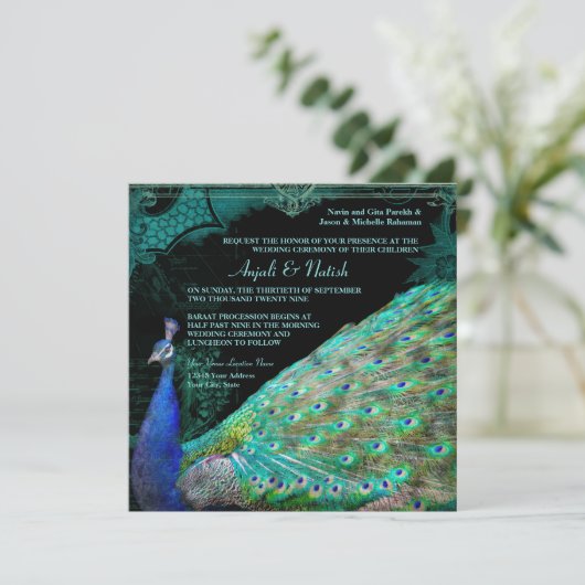 Elegant Peacock met scrollers Indische bruiloft Kaart (Staand voorkant)