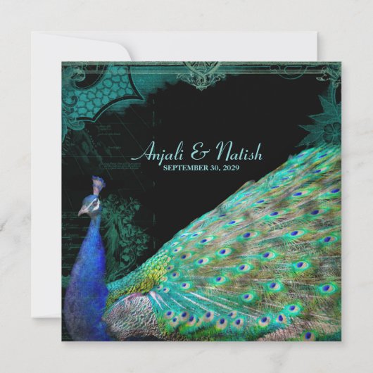 Elegant Peacock met  scrollers Indische bruiloft Kaart (Achterkant)