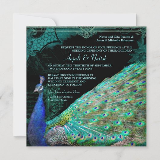 Elegant Peacock met scrollers Indische bruiloft Kaart (Voorkant)