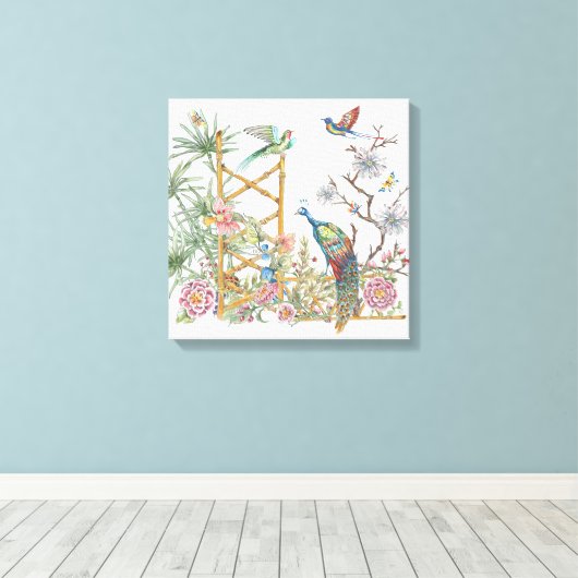 Elegant Peacock Oriental Flower Garden Chinoiserie Canvas Afdruk (Insitu (Houten vloer))