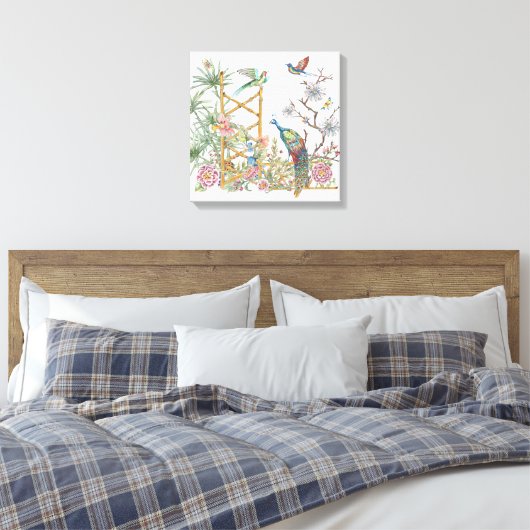 Elegant Peacock Oriental Flower Garden Chinoiserie Canvas Afdruk (Insitu (Slaapkamer))
