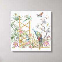 Elegant Peacock Oriental Flower Garden Chinoiserie