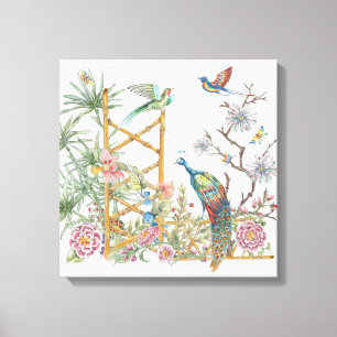 Elegant Peacock Oriental Flower Garden Chinoiserie Canvas Afdruk