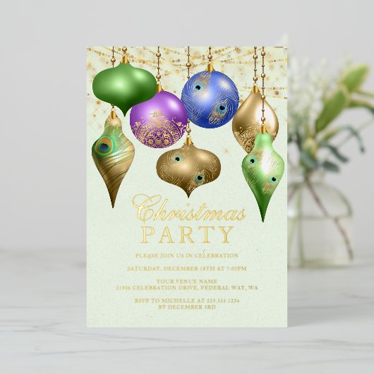 Elegant Peacock Ornament Kerstfeest Folie Uitnodiging (Staand Voorkant)