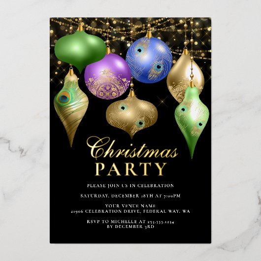 Elegant Peacock Ornament Kerstfeest Folie Uitnodiging (Voorkant)