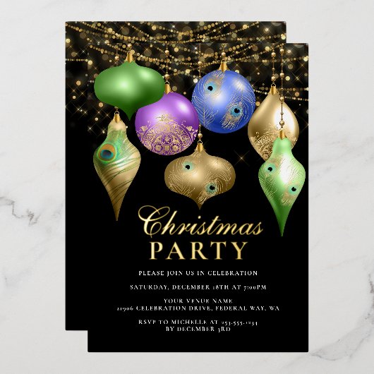 Elegant Peacock Ornament Kerstfeest Folie Uitnodiging (Voorkant / Achterkant)