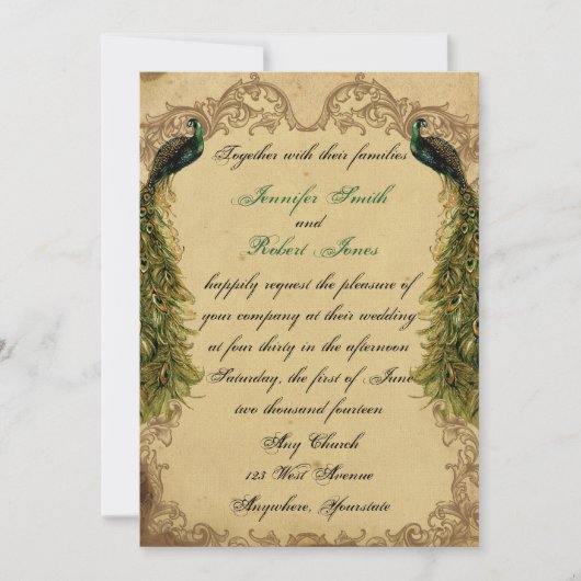 Elegant  Peacock Posh Wedding Invitation Kaart (Voorkant)