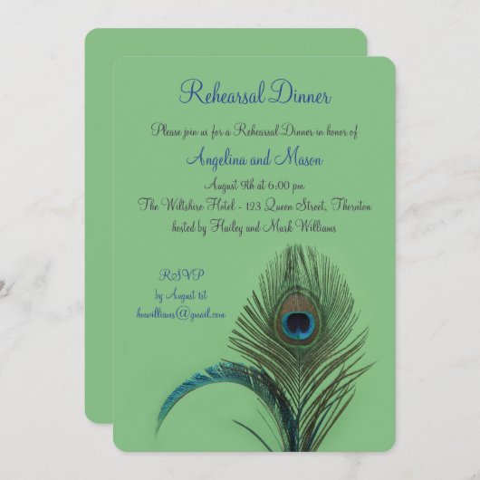 Elegant Peacock Rehearsal Dinner (groen) Kaart (Voorkant / Achterkant)