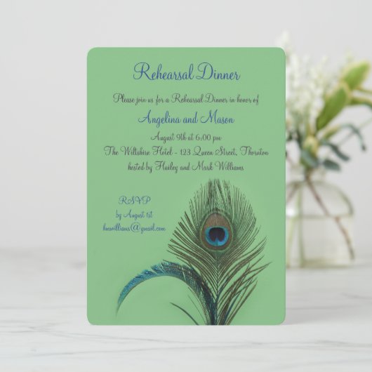 Elegant Peacock Rehearsal Dinner (groen) Kaart (Staand voorkant)